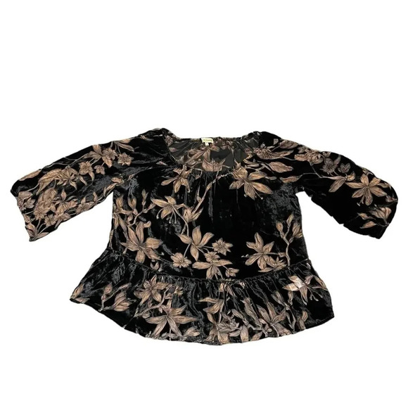 Democracy Floral Velvet Blouse Women's Small Black/Brown Sheer Goth Bell‎ Sleeve - Picture 1 of 5
